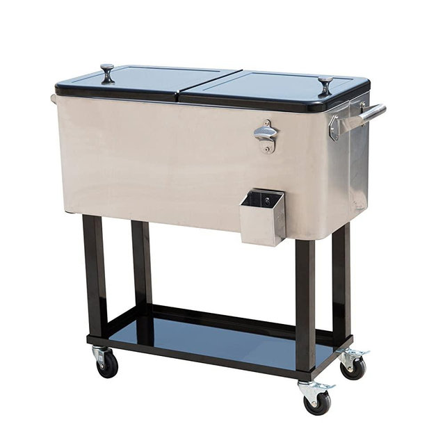 Outsunny 80 QT Rolling Cooler Ice Chest on Wheels Outdoor Stand Up Drink Cooler Cart for Party, Stainless Steel