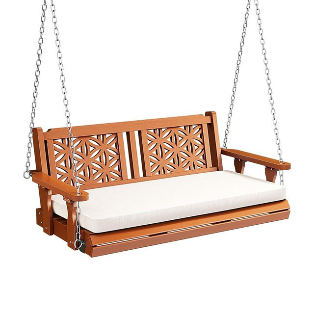 VINGLI 4.5 FT Outdoor Porch Swing with Cushions, Heavy Duty 880 LBS 2-Person Wooden Patio Swings with Eternal Flower Pattern and Fade-Resistant Seat Cushion for Yard, Garden, Tree (Brown)