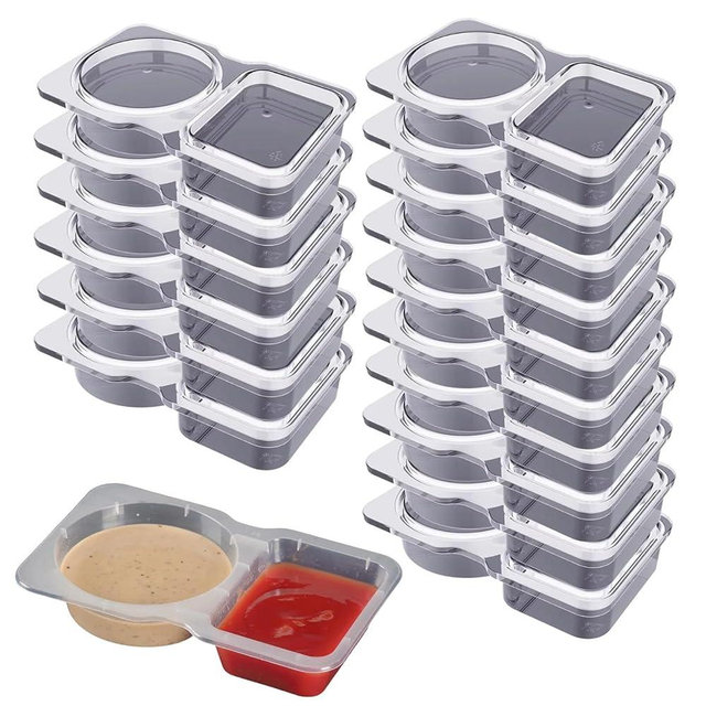 Wynfelo Disposable Double Compartment Condiment Containers with Lids – Leakproof, Food-Safe, Reusable Snack Storage for Meal Prep, Dips, Sauces, and Travel