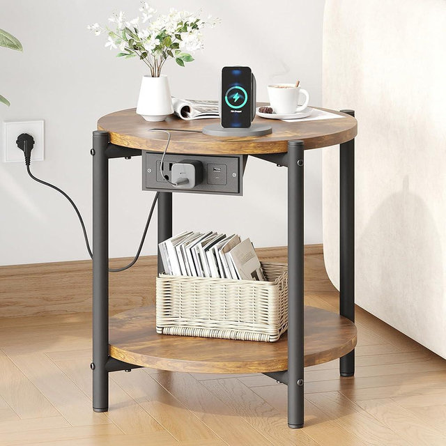 LIKIMIO Side Table with Charging Station, 2-Tier Round End Table with Lower Shelf, 15.8" W Modern Wooden Nightstand for Small Spaces, Living Room, Bedroom, Rustic Brown