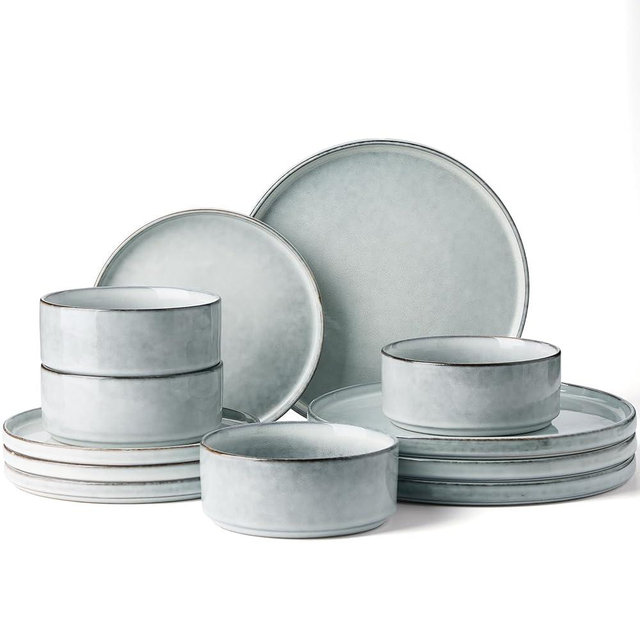 Famiware Annecy Plates and Bowls Sets, 12 Pieces Dinnerware Sets, Microwave and Dishwasher Safe Dishes Set for 4, Chip and Scratch Resistant, Grey-Blue