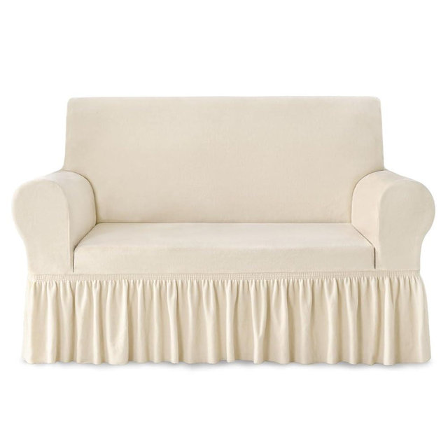 NICEEC Loveseat Cover Thick Plush 1-Piece Warm Beige-Yellow Slipcover for Loveseats Stretch Fluffy Couch Covers for Living Room Easy Fit Washable Soft Furniture Sofa Protector with Skirt