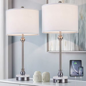 28.5" Modern Transitional Marble Table Lamp with USB & Type-C Ports Tall Dining Lamp for Bedroom Living Room (Set of 2) - Polished Nickel Base/White Shade selected