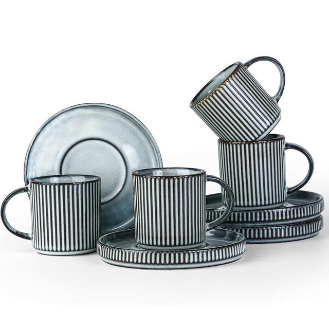 famiware Star Espresso Cups and Saucers Set of 4, [ Mini ] 3 oz Ceramic Small Coffee Mug with Handle, Ribbed Stoneware Demitasse Cup for Tea, Latte - Microwave & Dishwasher Safe - Smoky Blue