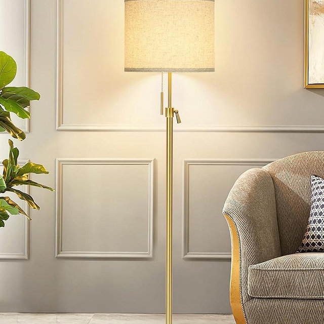 Modern Floor Lamp for Living Room, Adjustable Height Standing Lamp with Marble Base, Gold Tall Pole Light with Linen Shade for Reading Bedroom, Chain Switch, 8W 3-Way Dimmable Bulb Included