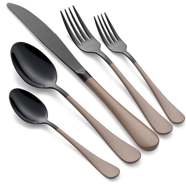 LKTDYMEG 20-Piece Black Silverware Set 18/0 Stainless Steel Silverware Set Brown Handle Cutlery Set Service for 4 Dinner Knives Forks Spoons Set Flatware Set Finish Dishwasher Safe