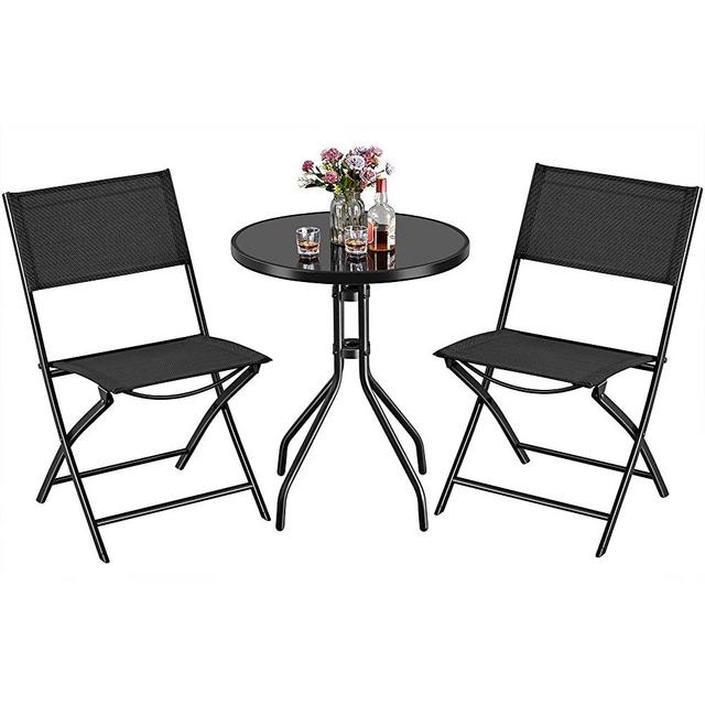 YAHEETECH 3 Piece Patio Bistro Set, Outdoor Bistro Set w/2 Folding Chairs, Tempered Glass Table Top, Garden Backyard Dining Table Set All Weather Resistant Outdoor Furniture Set, Black