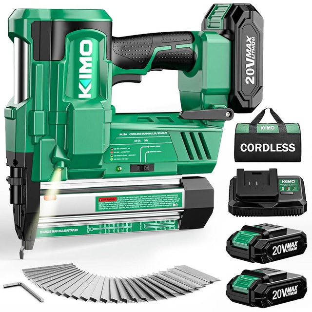 KIMO 2" Brad Nailer Cordless w/ 20V Battery 2.0Ah X 2, 1000pcs Nails and Staples,180 Nails/min, 2 Firing Modes, Adjustable Nailing Depth, 2 in 1 18 Gauge Cordless Nail Gun and Stapler for DIY Project
