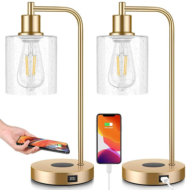 Set of 2 Wireless Charging Industrial Table Lamps Gold 3-Way Touch Control Dimmable Desk Lamp with USB Ports Bedside Lamp with Hanging Seeded Glass Shade for Office Bedroom Living Room, Bulbs Included