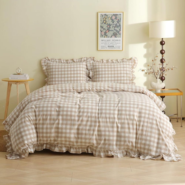 Silnuo Tan Gingham Checkered Ruffle 3-Piece Duvet Cover Set Queen Size,Washed Cotton Shabby Plaid Bedding Set Farmhouse Comforter Set(Queen,Tan)