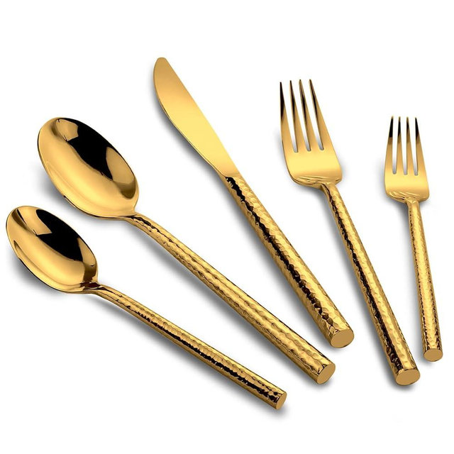 Kelenfer 18/10 Stainless Steel Flatware Set Hand Forged Silverware Set Cutlery Set Shiny Gold Round Hammered Handle Mirror Finished 20 Pieces Service for 4