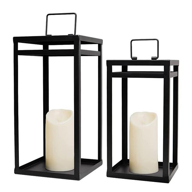 HPC Decor Black Metal Candle Lanterns Set of 2- Lanterns Decorative w/ LED Flameless Candles- 15.8'' & 12.6'' Chunky Modern Farmhouse Lantern Decor for Indoor,Outdoor,Fireplace,Porch (No Glass)