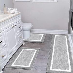 Pauwer Bathroom Rug Set 3 Piece, Non-Slip Absorbent Bath Mats, Microfiber Soft, Absorbent Plush Shaggy Carpets Includes U-Shaped Toilet Mat for Bath Floor, Shower, Light Grey