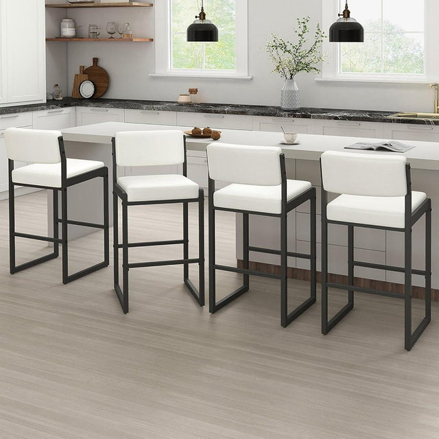 SAECKBERG Modern Counter Height Bar Stools Set of 4, 30" Bar Height Chairs with Backs, Upholstered Faux Leather Counter Stools, Metal Barstools for Kitchen Island, Bright White Faux Leather