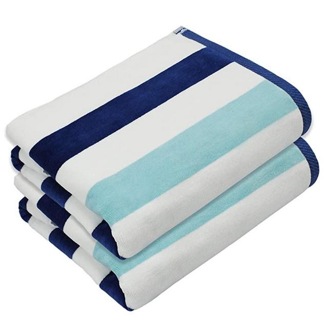 COTTON CRAFT Positano Cabana Stripe Set of 2 Luxury Plush Velour Cotton Beach and Pool Towels, 630GSM, 35 inch x 70 inch, Ocean Blue