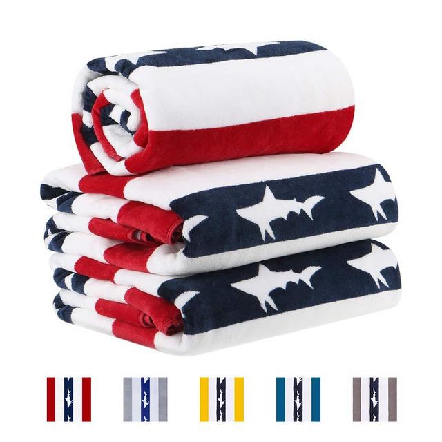 CABANANA Large Oversized Beach Towel - Velour Cotton Print 35 x 70 Inch Blue Red Striped Sand Free Pool Towel, Big Summer Mens Swim Cabana Towel
