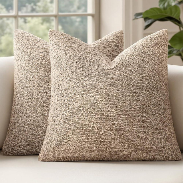 MIULEE 22x22 Inch Decorative Euro Sham Pillow Covers for Couch Bed Set of 2 Textured Boucle Neutral Throw Pillow Covers Taupe Khaki Camel Accent Solid Pillowcases Sofa Living Room Home Decor