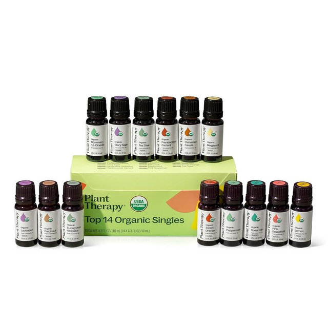 Plant Therapy Top 14 Organic Essential Oil Singles Set 100% Pure Essential Oils, Undiluted, Natural Aromatherapy for Diffusion and Body Care 10 mL (1/3 oz) Each