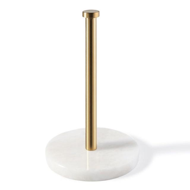 Koville African Genuine Marble Paper Towel Holder Countertop, 6" Stone Base Gold Rod Paper Towel Holder Stand for Kitchen Storage, for Standard or Jumbo-Sized Rolls