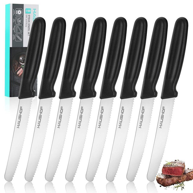HAUSHOF Steak Knives Set of 8, Serrated Steak Knives, Premium Stainless Steel Steak Knife Set with Gift Box, Black Handle