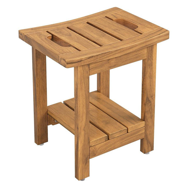 Compsia 14" Teak Shower Bench, Waterproof Teak Shower Stool with Shelf & Handle for Bathroom, 300 Lbs Capacity, Natural Teak Color