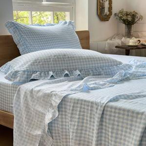 NSNLGSGC Light Blue Gingham Ruffle Queen Sheet Set, Blue Soft Pre-Washed Microfiber Plaid Queen Bed Sheets, 4-Pieces Farmhouse Sheet Set with Deep Pocket