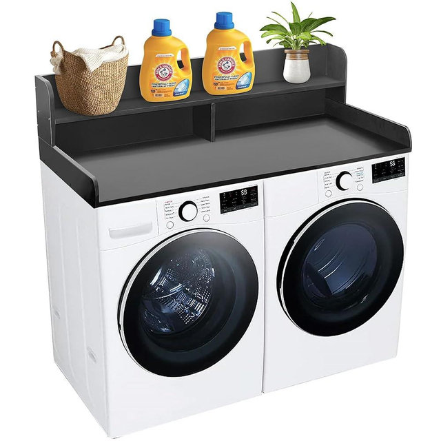 Royxen Laundry Countertop with 2-Tier Shelf Universal Fit, Washer and Dryer Countertop with Storage Space, Shelf Height 11.5 Inches, Solid Wood Core, Black