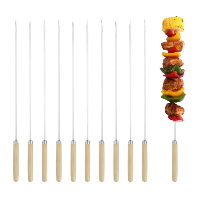 Unique Bargains Barbecue Skewers with Wood Handle Metal Flat Skewers for Grilling 20pcs 13.8"x0.14"