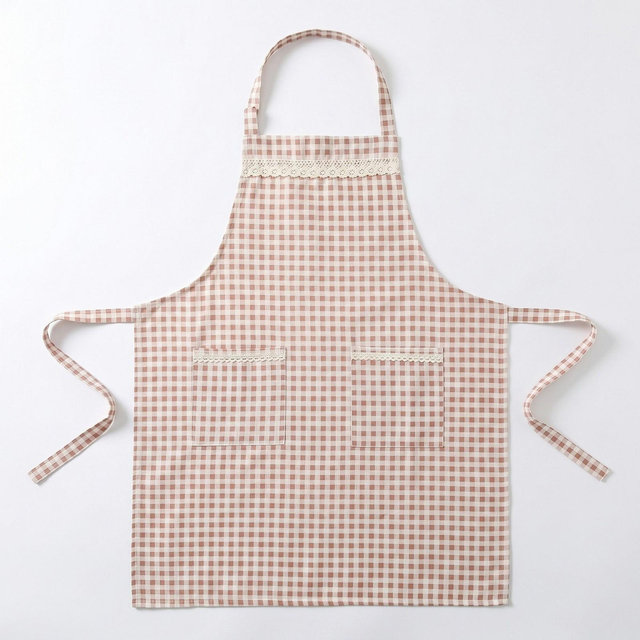 Alilang Kitchen Apron Gingham Check Pattern with Lace Trim Adjustable Neck Strap Dual Front Pockets Cooking Baking Apron - Pink