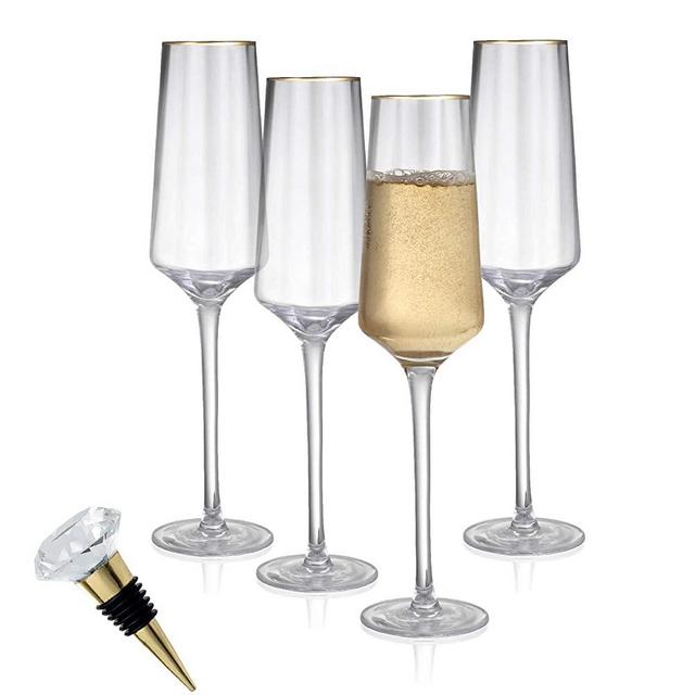 24K Gold-Rimmed 8.5 Oz. Champagne Glasses – Set of 4 Crystal Sparkling Wine Glasses + Gold-Plated Bottle Stopper – Handmade, Lead-Free, Optic-Glass Wine Accessories for Entertaining by Lumi & Numi