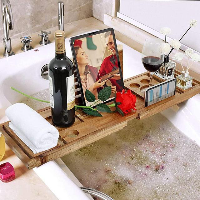 YULONG Lab Acacia Wooden Bath Tub Tray, Bathroom and Bed Tray for One or Two Persons, Extendable Luxury Bathtub Caddy Tray, with Reading Rack or Tablet Holder, Free Non-Slip Mat