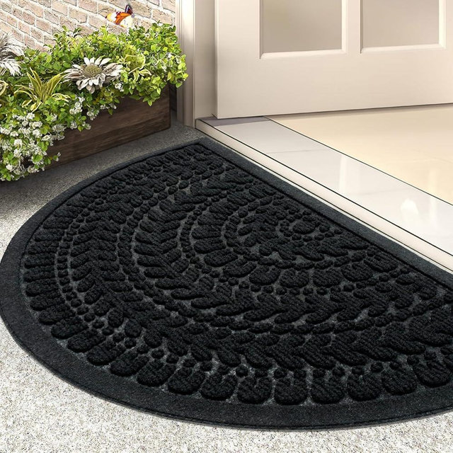 RORA Half Circle Door Mat Front Door Mat Outside Entrance Black Welcome Mats Indoor Outdoor Semicircular Doormat for Outdoor Half Round Door Mats for Garage Muddy Paws 17”x30”