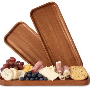 Bandejas de madera maciza de acacia (14 x 5.5 pulgadas), platos rectangulares grandes de madera para servir alimentos
