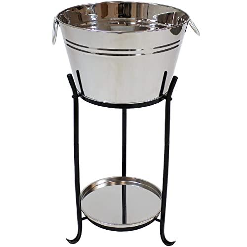 Sunnydaze Ice Bucket Drink Cooler with Stand and Tray for Parties, Stainless Steel, Holds Beer, Wine, Champagne and More