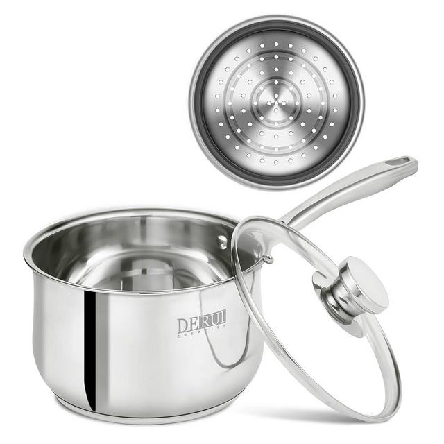 Stainless Steel Saucepan,DERUI CREATION 2.5 QT Food Grade 304 Stainless Steel Soup Pot and Steamer Basket,Cooking Pot with Lid(18cm（2.5QT）, Silver)