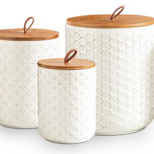 JOJUNO White Ceramic Canister Set with Wooden Lids – 3-Piece Airtight Food Storage Jars for Kitchen, Embossed Design, Small/Medium/Large Sizes (30/48/82 oz) – Flour, Sugar, Coffee, Tea Containers