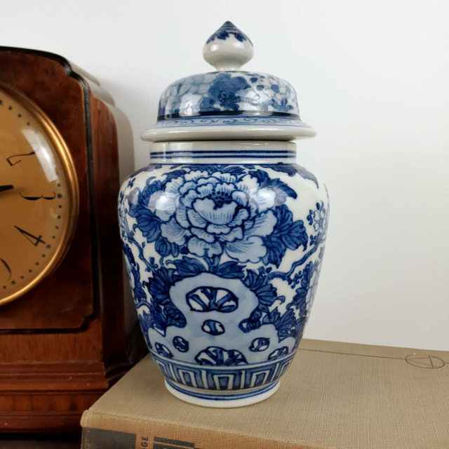 Ceramic Blue and White Ginger Jar with Lid, 7.75"