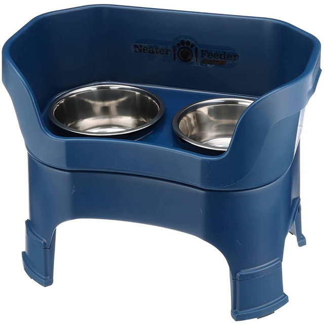 Neater Feeder Deluxe with Leg Extensions for Large Dogs - Mess Proof Pet Feeder with Stainless Steel Food & Water Bowls - Drip Proof, Non-Tip, and Non-Slip - Dark Blue