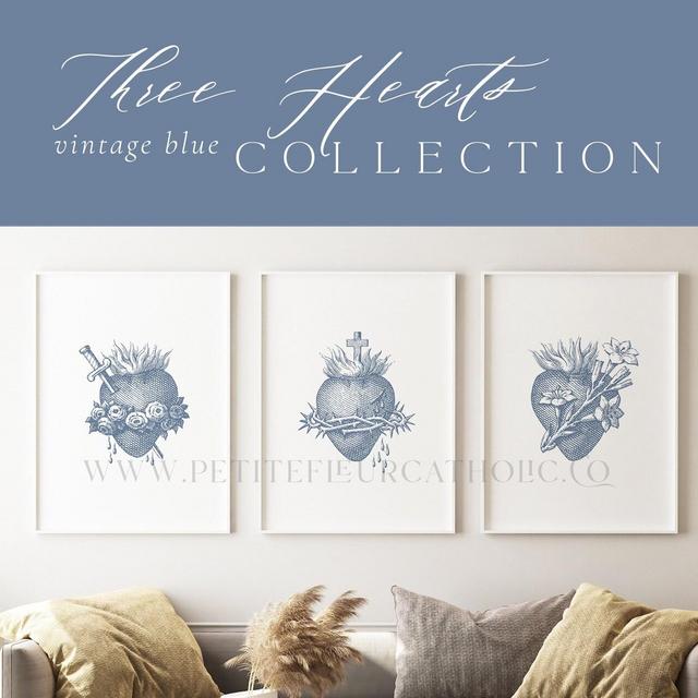 Vintage Blue Three Hearts Printable Wall Art Collection - Catholic Home JMJ Jesus Mary Joseph - Three Large Digital Downloads (Up to 16x20)