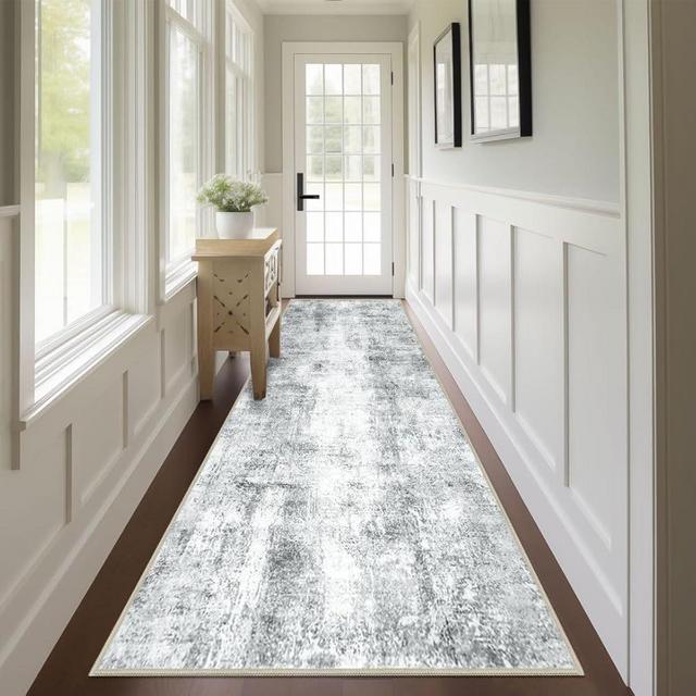 Capslpad Abstract Washable Runner Rug, 2x10 Grey Non-Slip Hallway Runner Rug, Modern Low Pile Kitchen Runner Rug, Ultra Soft Print Distressed Runner for Entryway, Bedroom, Laundry, Living Room