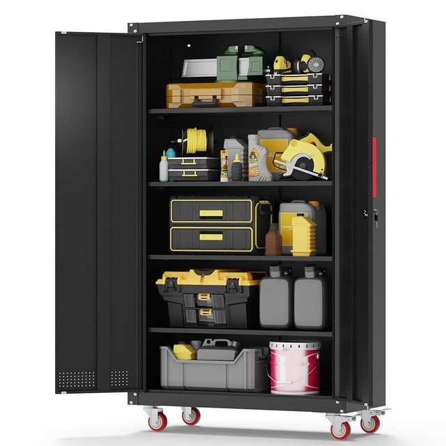 Eltean Metal Garage Cabinets with Wheels| 71" Steel Lockable Garage Storage Cabinet with 4 Adjustable Shelves, Heavy-Duty Tool Storage Cabinet for Home, Basement, Workshop (Black)