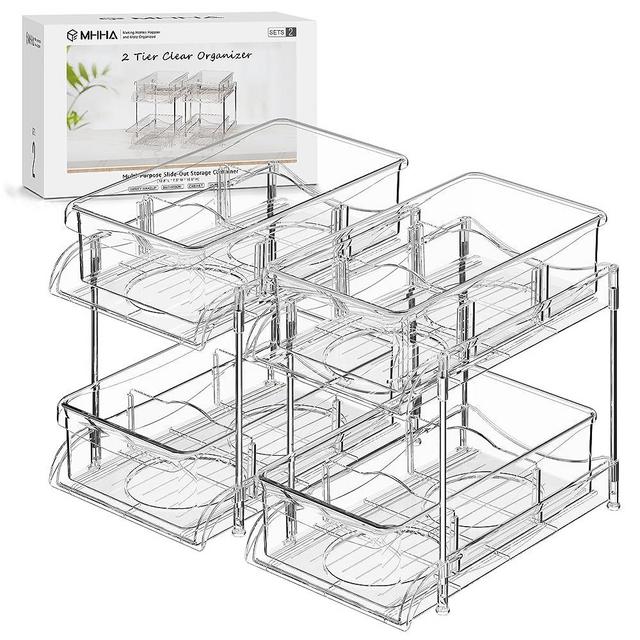 MHHA 2 Pack Bathroom Cabinet Organizer, 2 Tier Clear Under Sink Organizers and Storage Medicine Cabinet Organizer with Dividers, Pull Out Kitchen Pantry Shelf Cupboard Closet Vanity Organization Bins