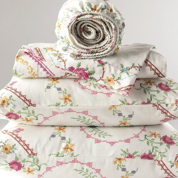 Cotton Sheet Set (Color: Heirloom Crosstitch Ivory) (Size: KING)