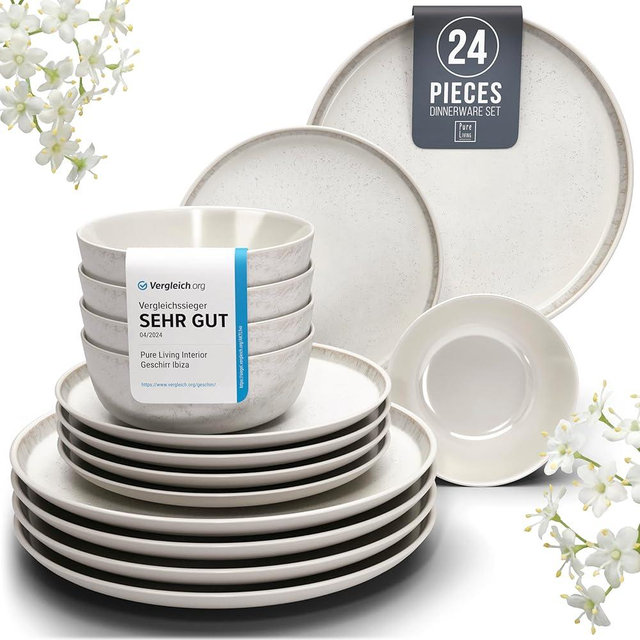 Stoneware dinnerware set 8 persons 24 pcs - Mediterranean dinnerware set, dishwasher, microwave and scratch resistant - bowl and plate set - dinnerware Pure Living Light Beige…