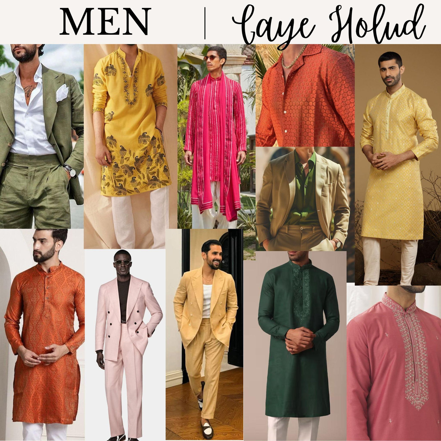 Colors: pink, yellow, orange, or green. 
Tan suit with colored shirt is acceptable.