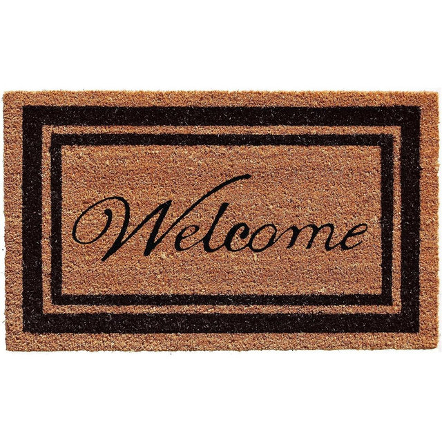 HomeRoots 18" X 30" Natural And Black Striped Border Welcome Outdoor Coir Door Mat