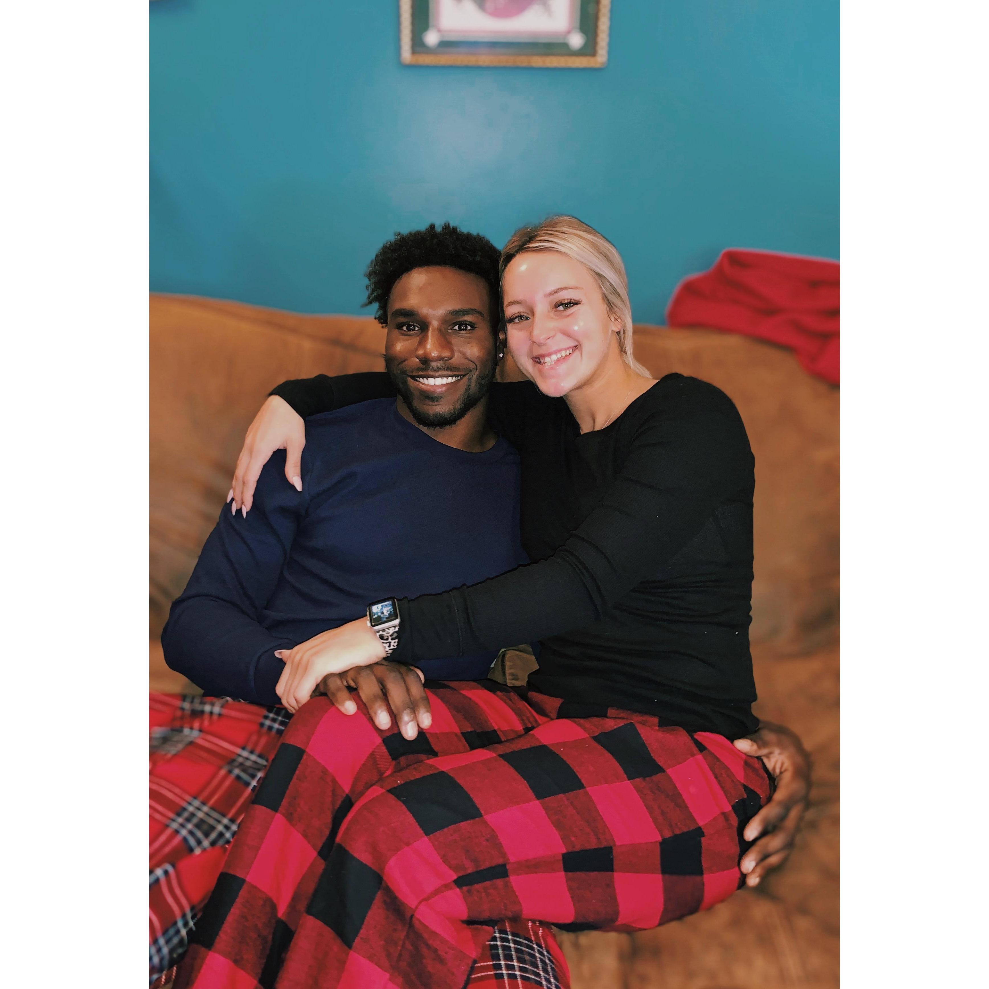 Enjoying our Christmas time tradition of pajamas Brandon's mom gets us every year