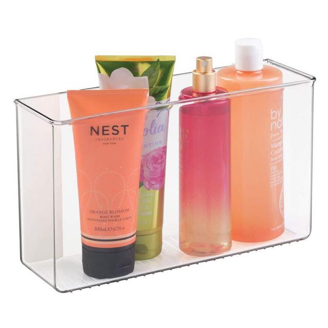mDesign Modern Plastic Storage Organizer Bin, Strong Adhesive Mount for Cabinets & Walls - Bathroom, Vanity, Under Sink - Holds Body Wash, Shampoo, Lotion, Hair Brush, Hair Spray - 11" Wide - Clear