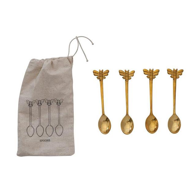 Creative Co-Op Farmhouse Brass Bee Handles in Drawstring Bag, Finish Spoon