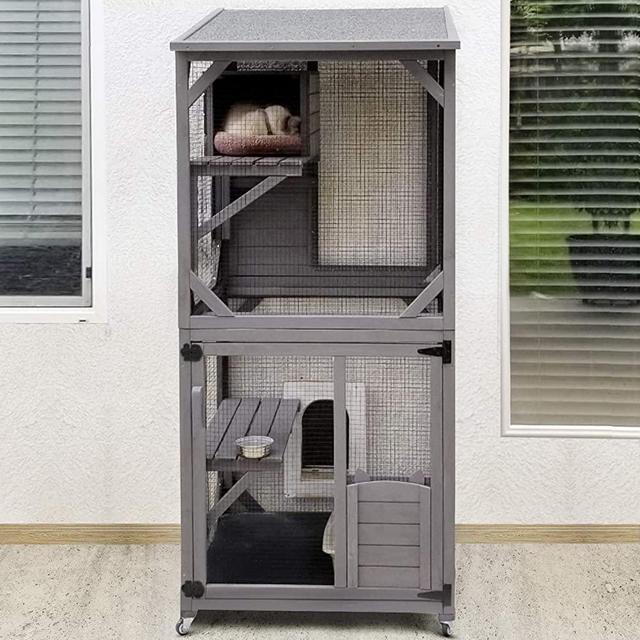 GUTINNEEN Cat House Outdoor Cage Large Catio Cat Enclosure with Window, Wooden Kitty Playpen with Reinforcement Strip Outside Kennel on Wheels,PVC Layer